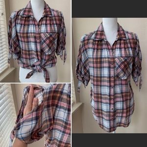 William Rast Plaid Cold Shoulder Hi-Low Top M